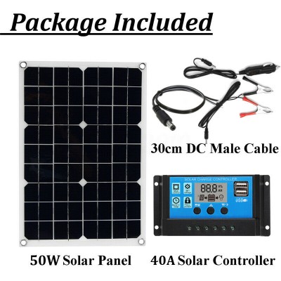 50W 12V/24V USB Solar Panel Battery Power Charger 40A Solar Controller
